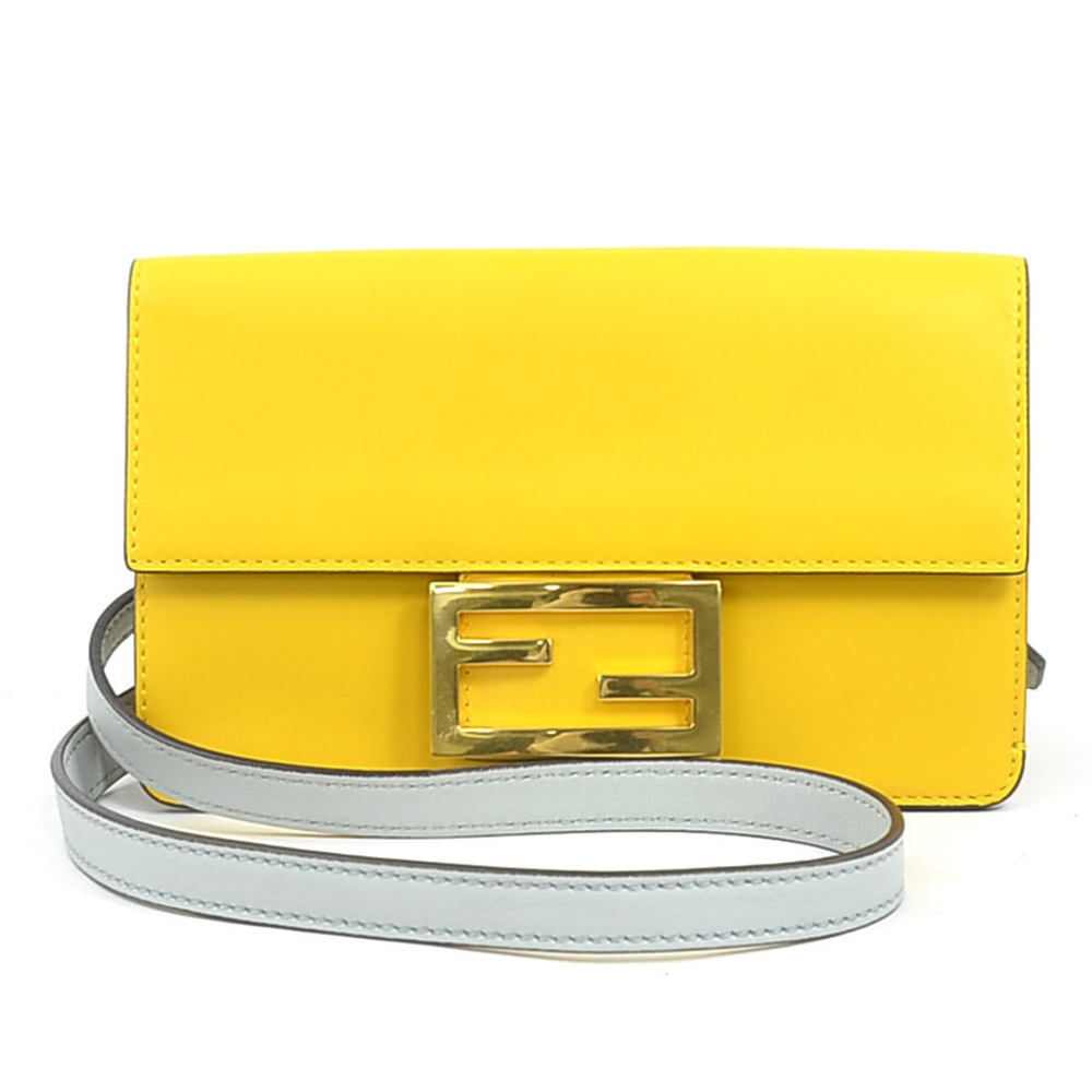 Fendi Shoulder Bag Flat Baguette Leather Yellow Gray